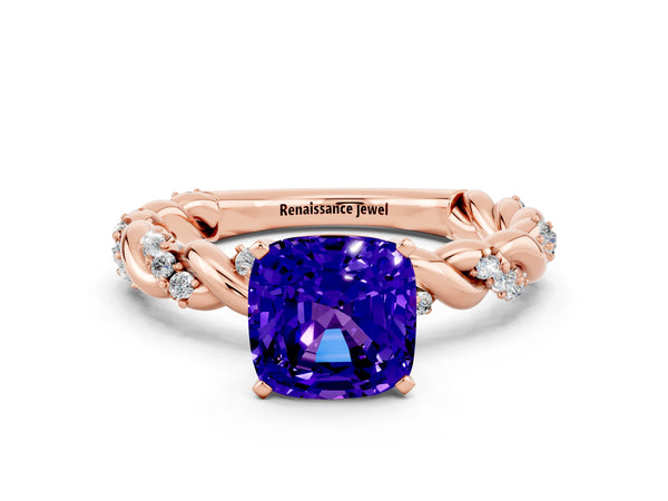 Rose gold Cushion Cut Tanzanite Solitaire Ring with Twisted Band and Pavé Accents