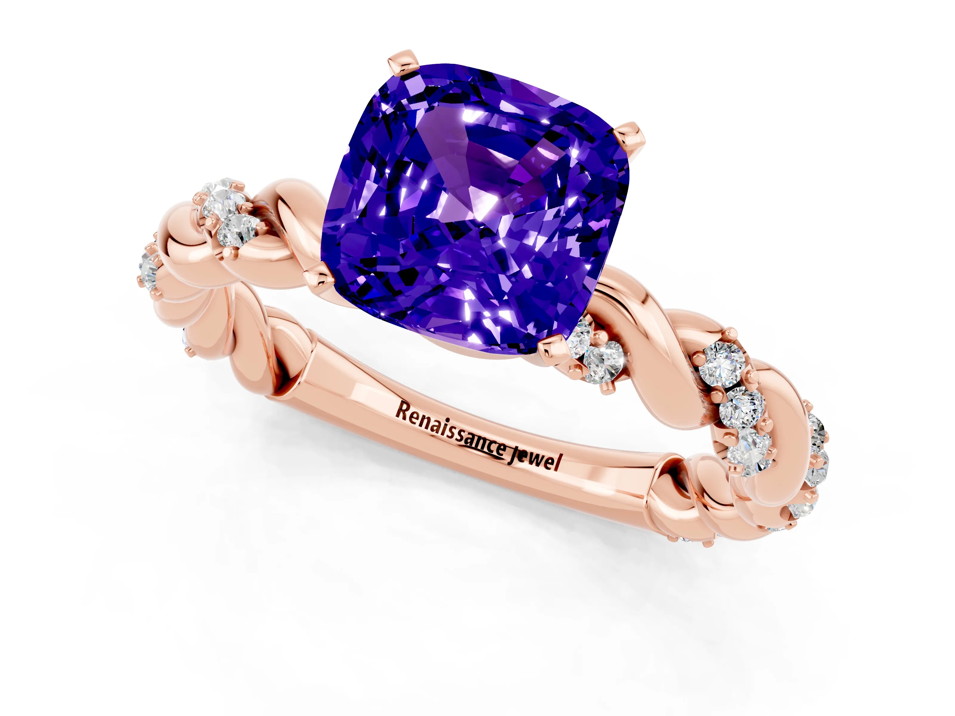 Rose gold Cushion Cut Tanzanite Solitaire Ring with Twisted Band and Pavé Accents_1