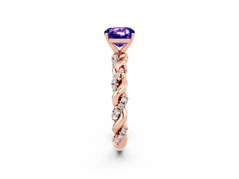 Rose gold Cushion Cut Tanzanite Solitaire Ring with Twisted Band and Pavé Accents_2