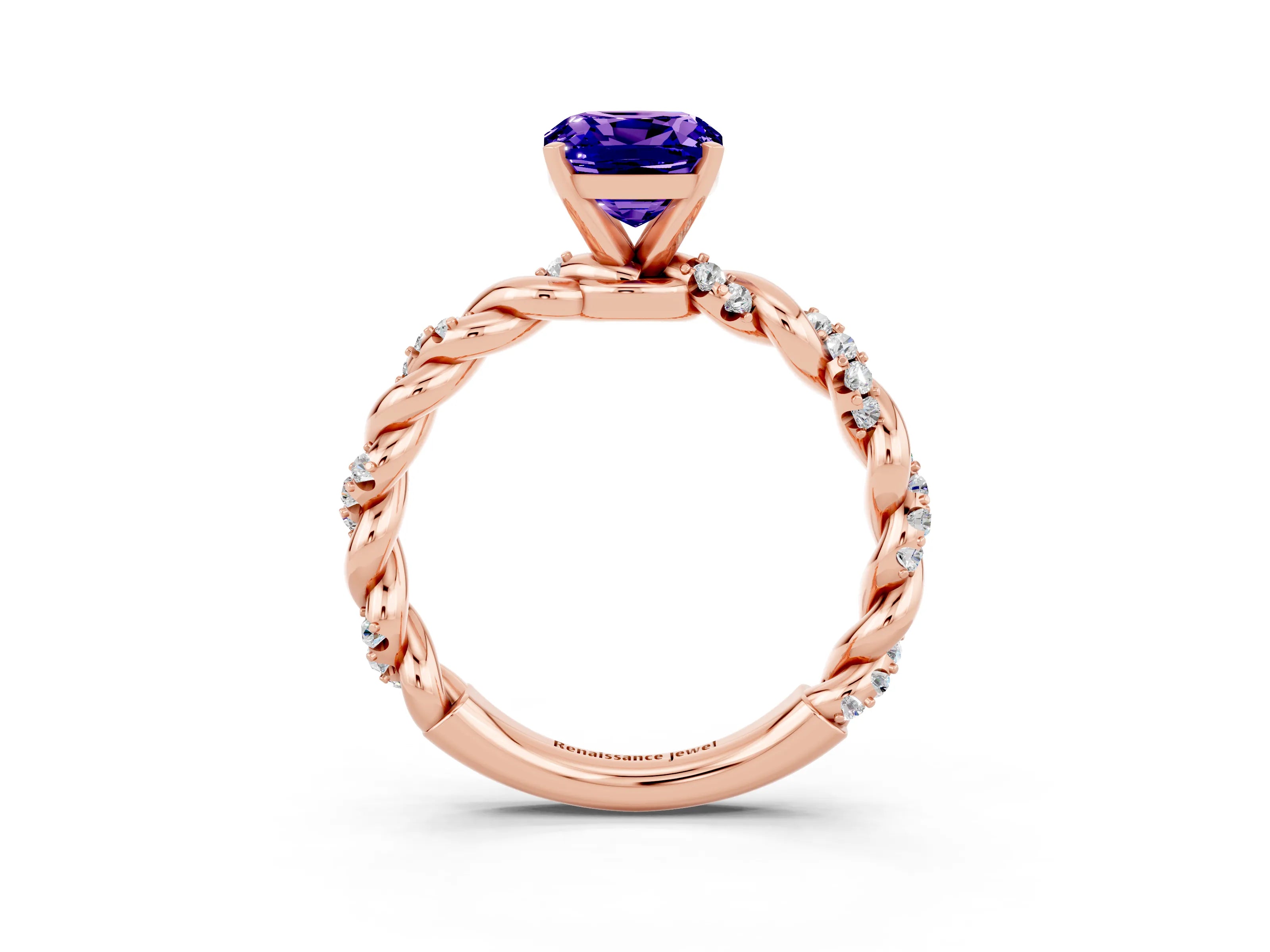 Rose gold Cushion Cut Tanzanite Solitaire Ring with Twisted Band and Pavé Accents_3
