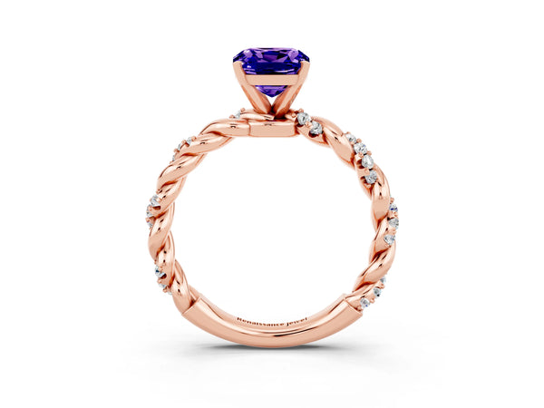 Rose gold Cushion Cut Tanzanite Solitaire Ring with Twisted Band and Pavé Accents