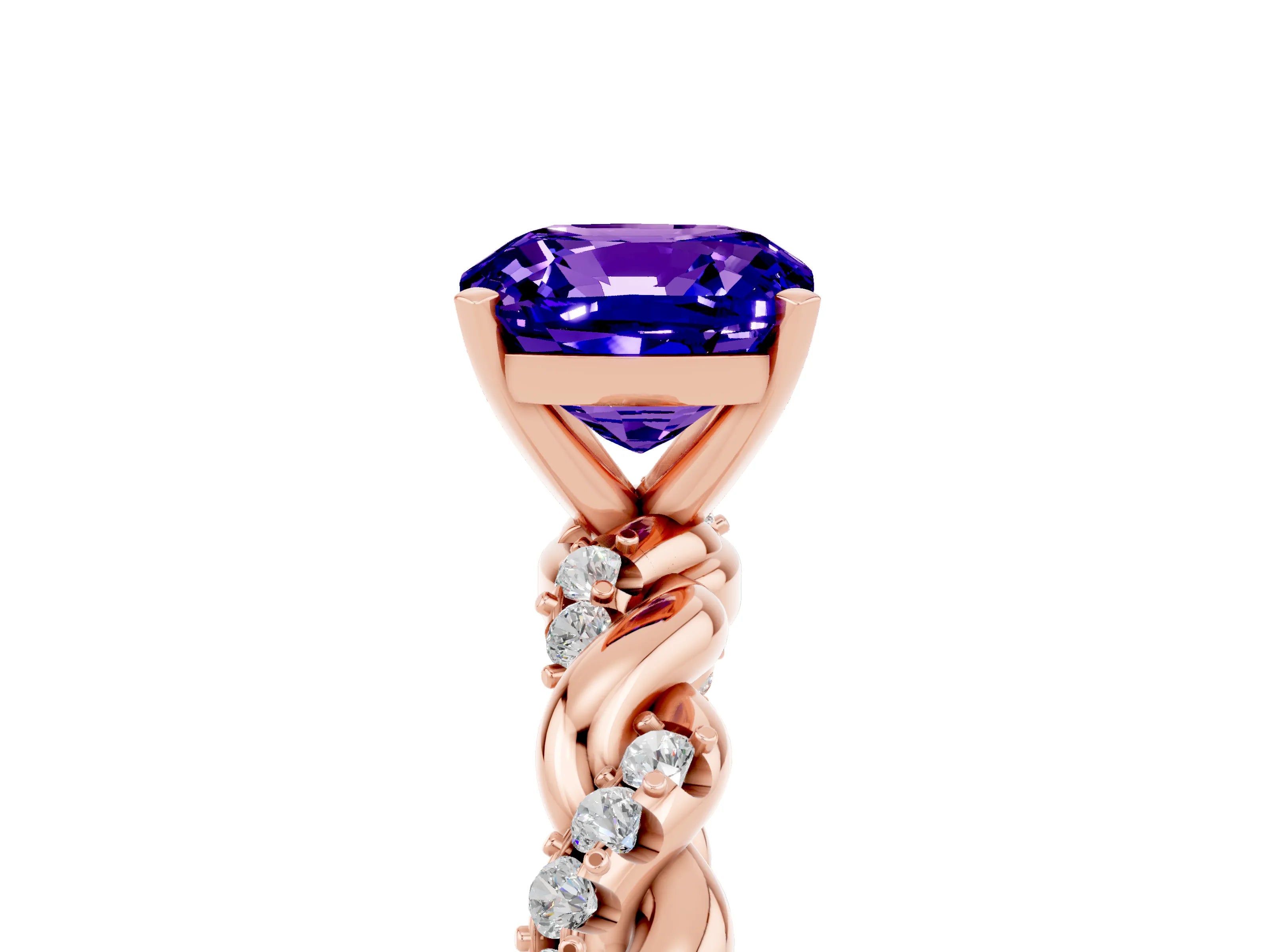 Rose gold Cushion Cut Tanzanite Solitaire Ring with Twisted Band and Pavé Accents_5