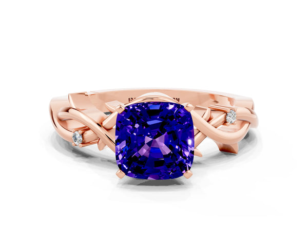 Rose gold Cushion Cut Tanzanite Solitaire Ring with Twisted Band and Prong Setting