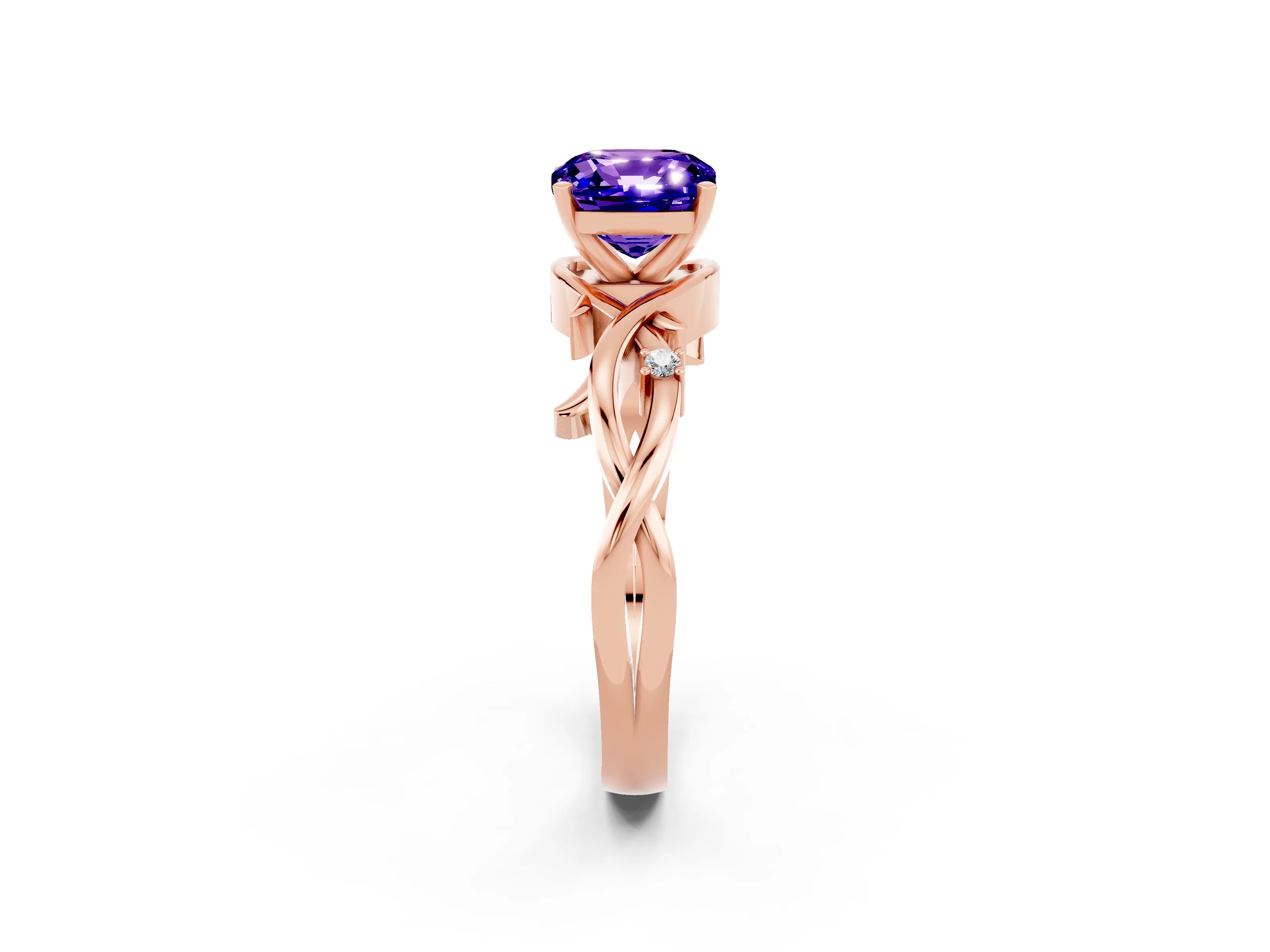 Rose gold Cushion Cut Tanzanite Solitaire Ring with Twisted Band and Prong Setting_2