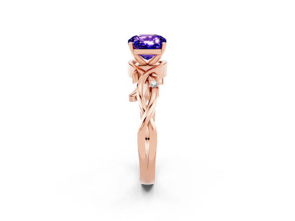 Rose gold Cushion Cut Tanzanite Solitaire Ring with Twisted Band and Prong Setting
