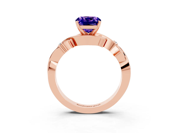 Rose gold Cushion Cut Tanzanite Solitaire Ring with Twisted Band and Prong Setting