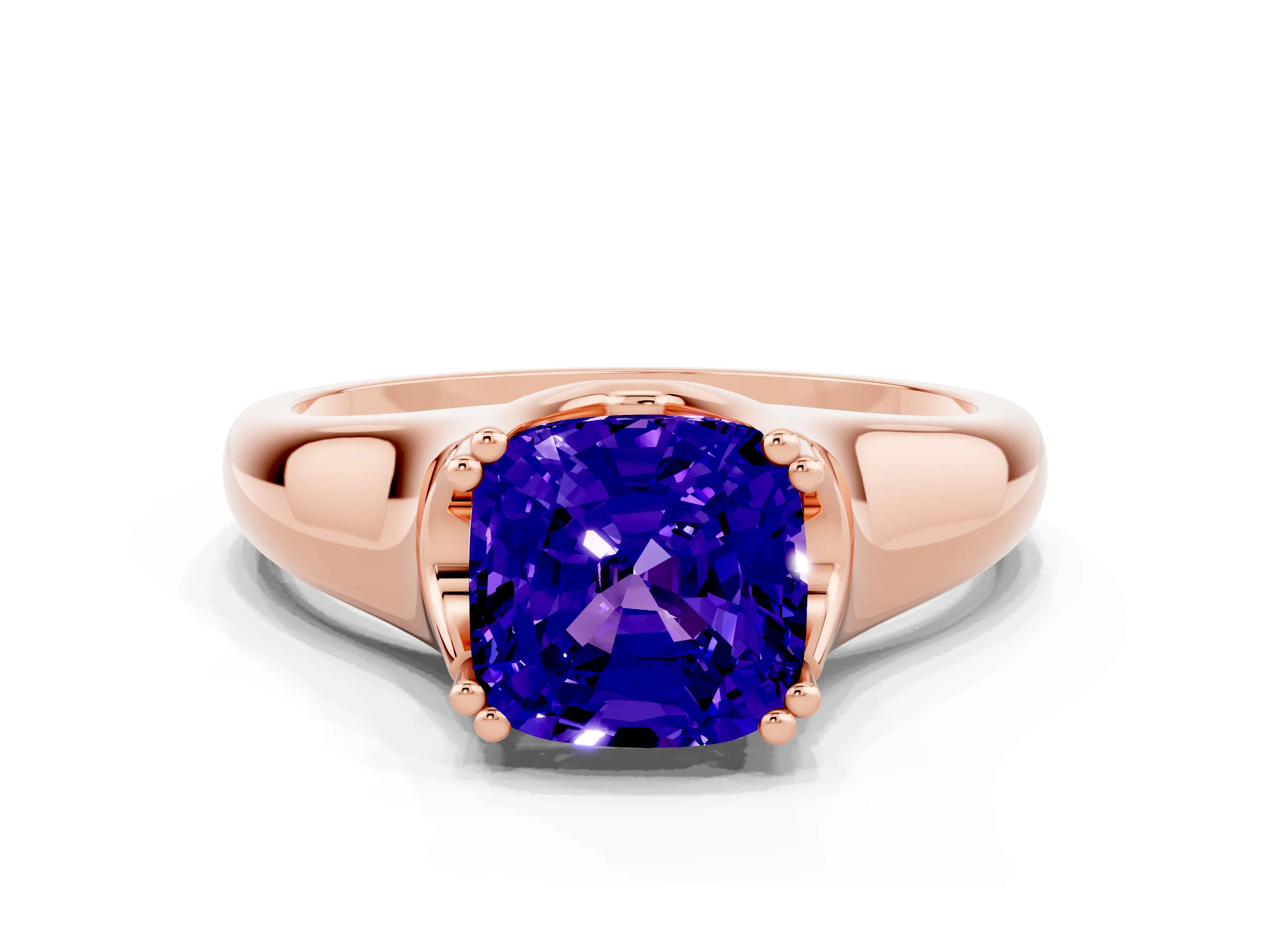 Rose gold Cushion Cut Tanzanite Solitaire Ring with Wide Band and Prong Setting
