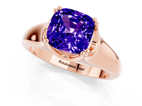 Rose gold Cushion Cut Tanzanite Solitaire Ring with Wide Band and Prong Setting