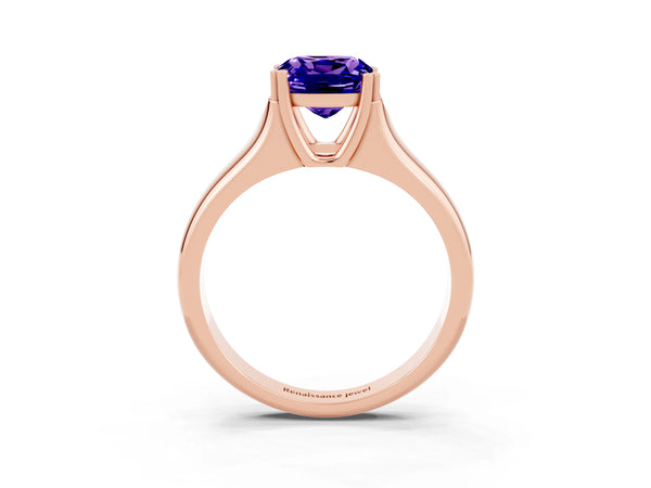 Rose gold Cushion Cut Tanzanite Solitaire Ring with Wide Band and Prong Setting