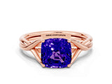Rose gold Cushion Cut Tanzanite Solitaire Twist Band Prong Setting Ring_56
