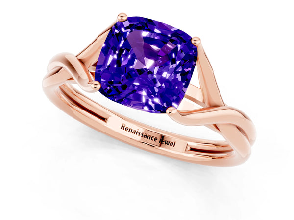 Rose gold Cushion Cut Tanzanite Solitaire Twist Band Prong Setting Ring