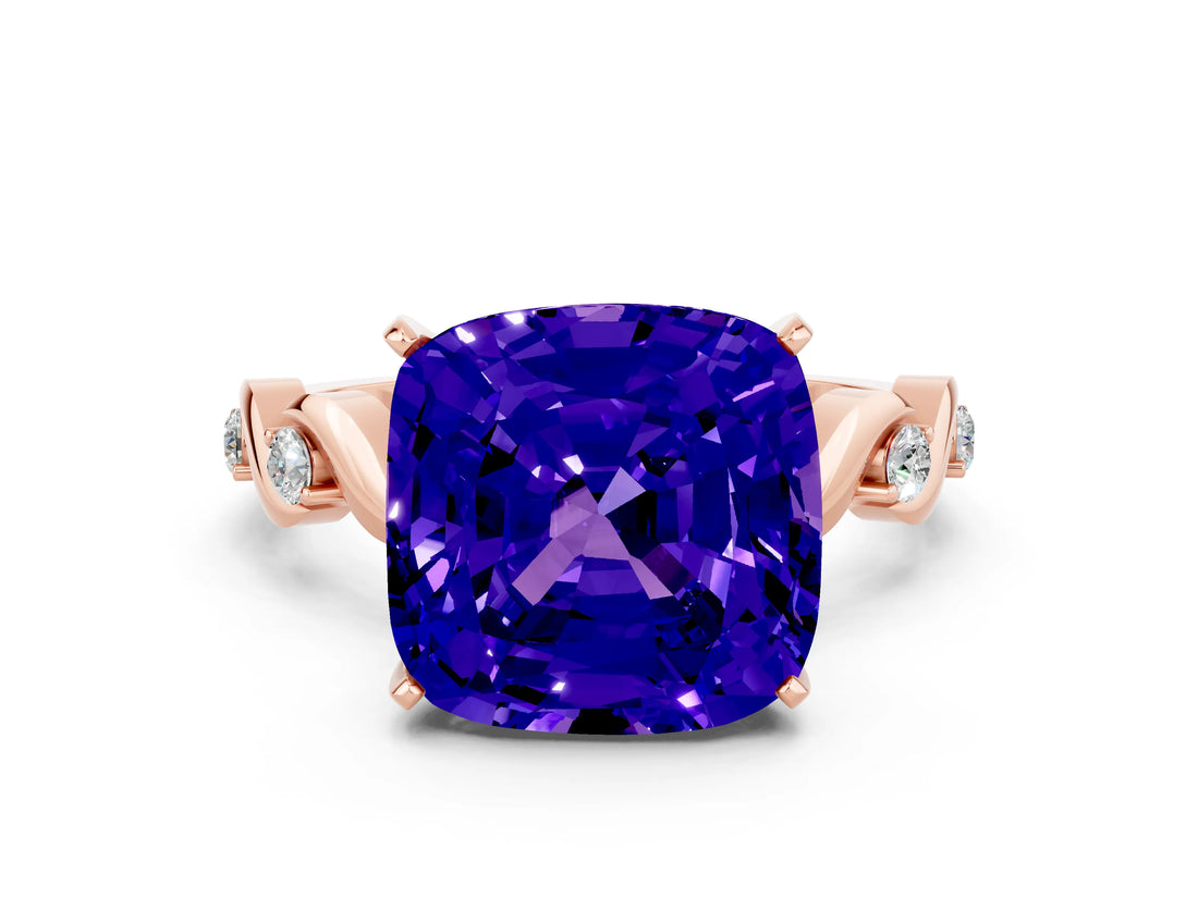 Rose gold Cushion Cut Tanzanite Solitaire Twisted Band with Round  Accents and Prong Setting_12