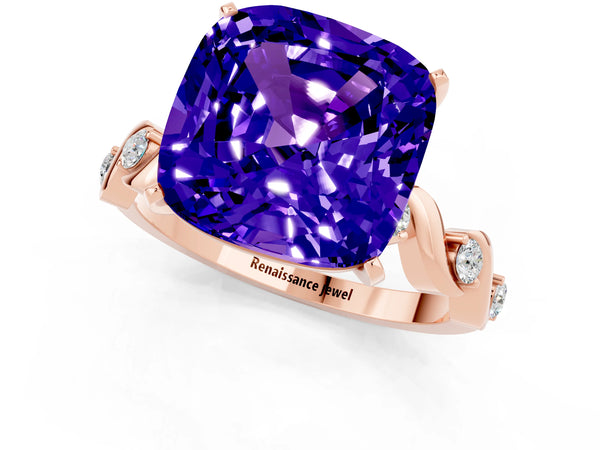 Rose gold Cushion Cut Tanzanite Solitaire Twisted Band with Round  Accents and Prong Setting