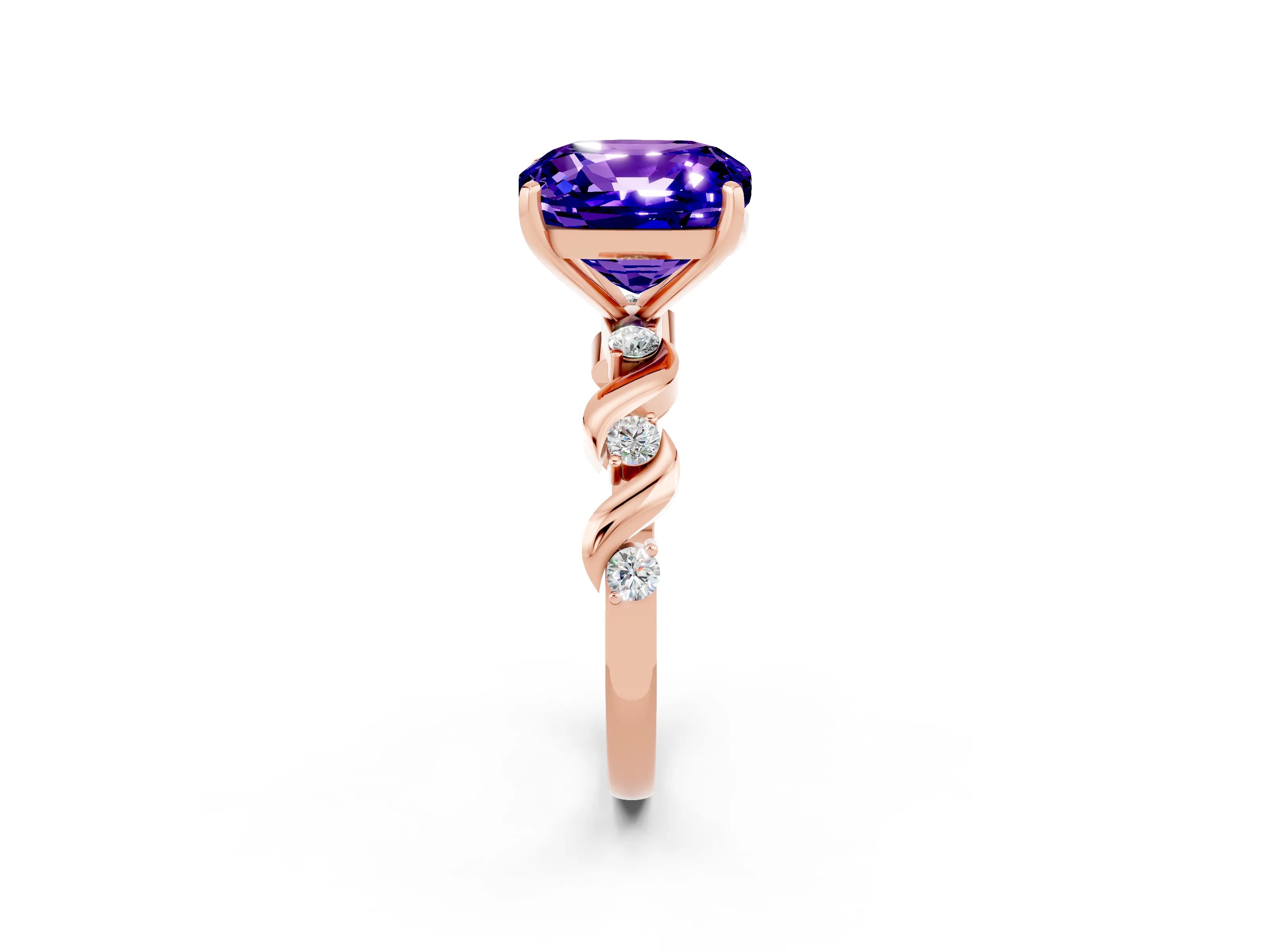 Rose gold Cushion Cut Tanzanite Solitaire Twisted Band with Round  Accents and Prong Setting_14