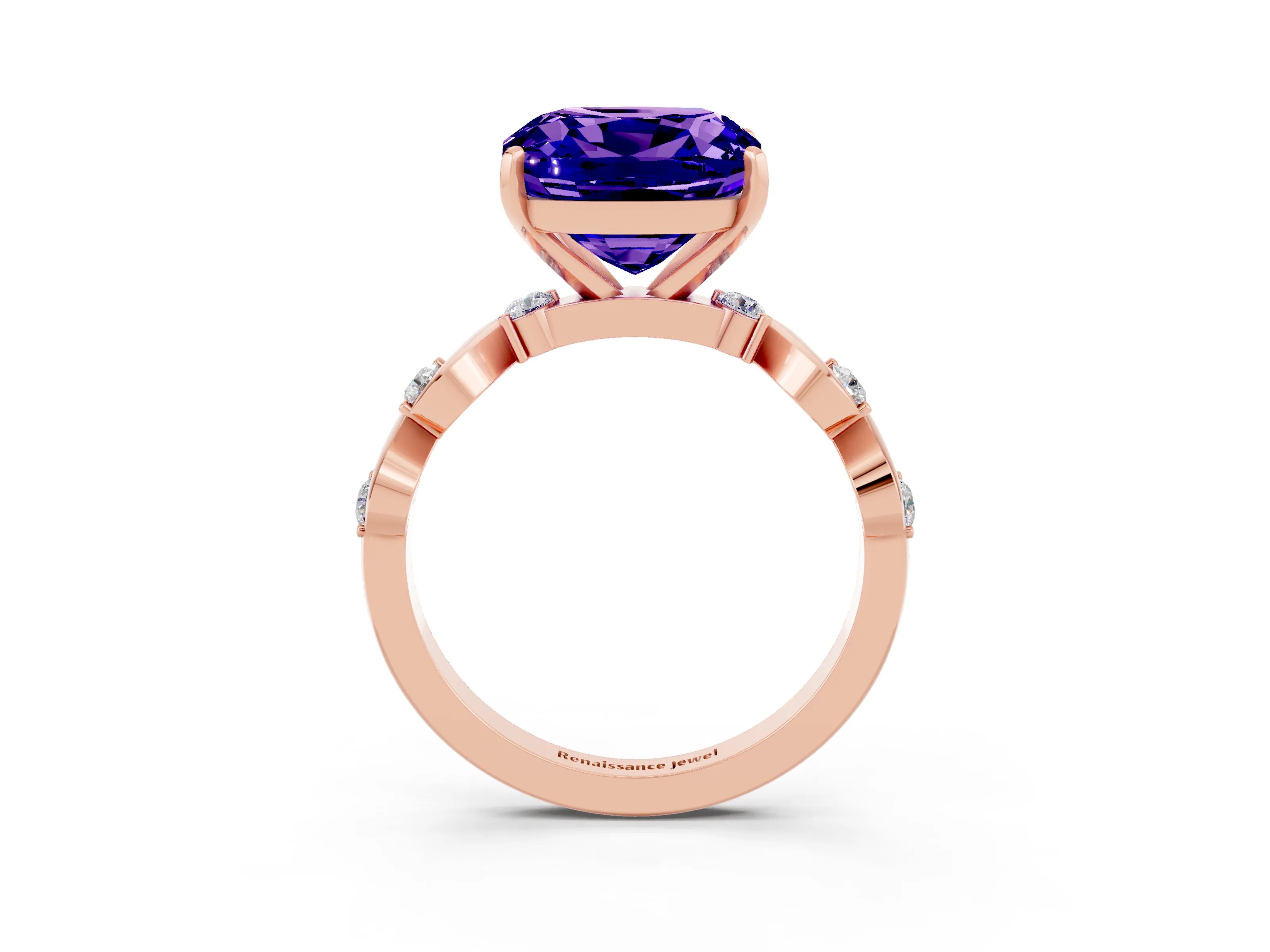 Rose gold Cushion Cut Tanzanite Solitaire Twisted Band with Round  Accents and Prong Setting_15