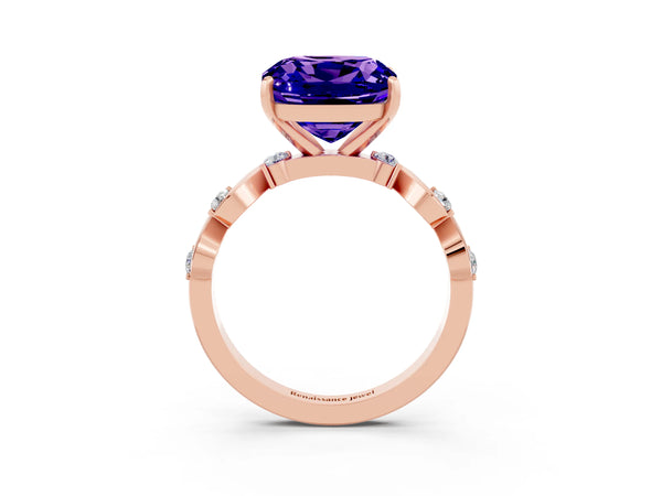 Rose gold Cushion Cut Tanzanite Solitaire Twisted Band with Round  Accents and Prong Setting