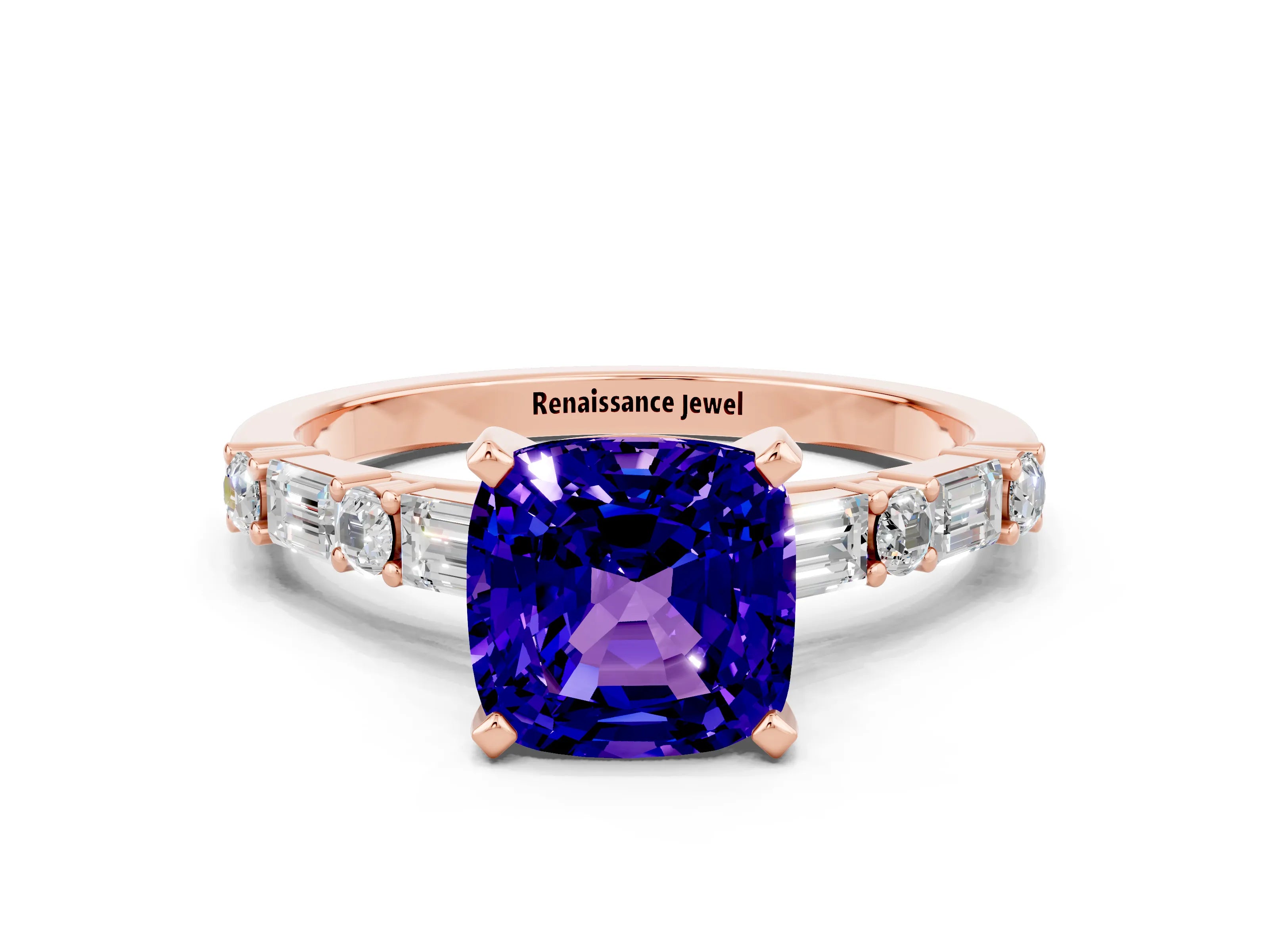 Rose gold Cushion Cut Tanzanite Solitaire with Side Baguettes and Channel Set Band