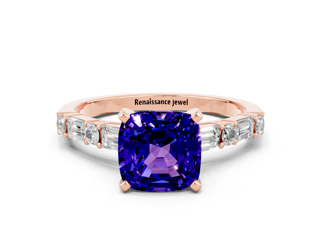 Rose gold Cushion Cut Tanzanite Solitaire with Side Baguettes and Channel Set Band