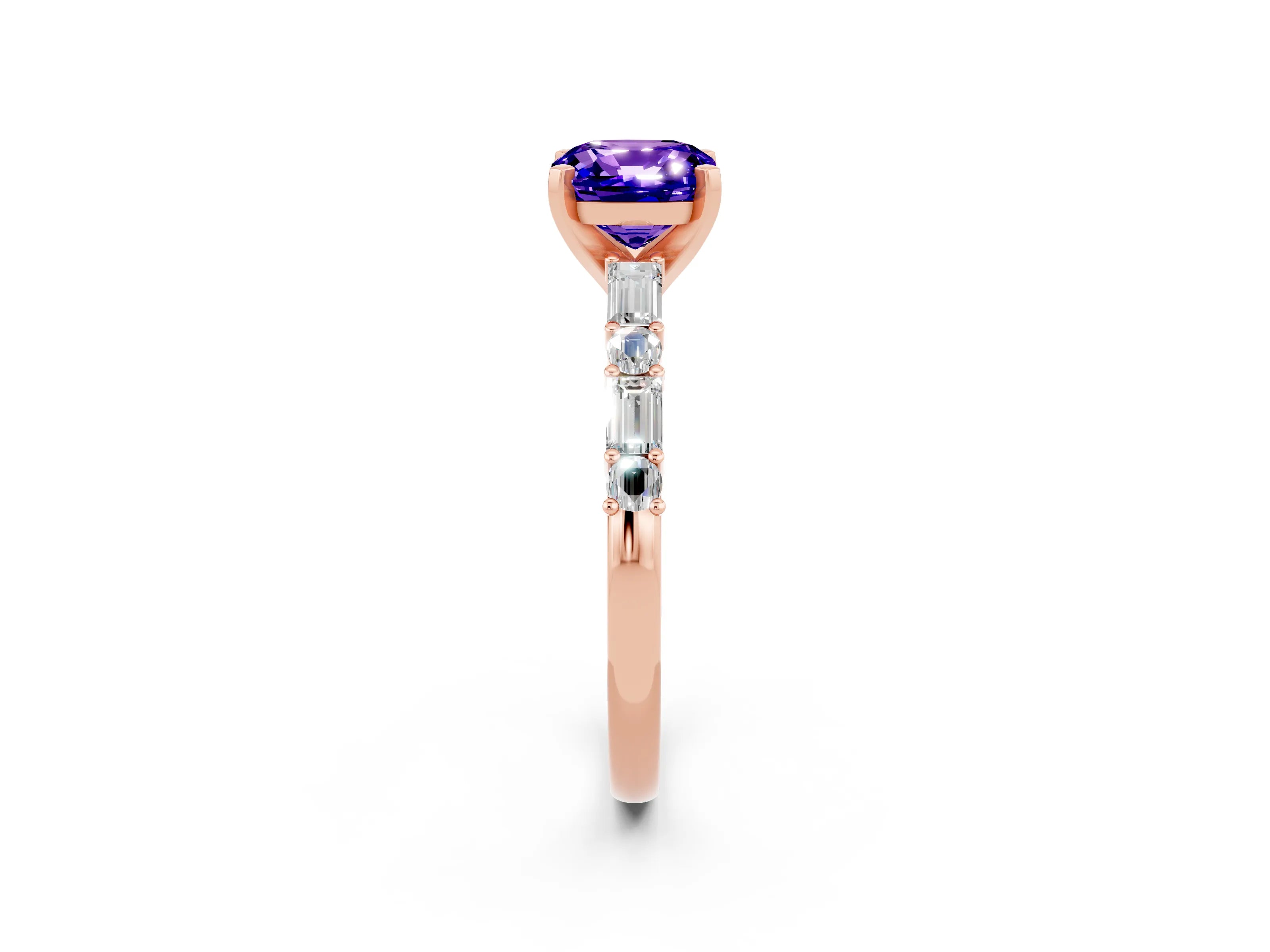 Rose gold Cushion Cut Tanzanite Solitaire with Side Baguettes and Channel Set Band_2