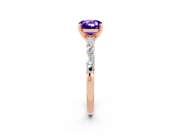 Rose gold Cushion Cut Tanzanite Solitaire with Side Baguettes and Channel Set Band
