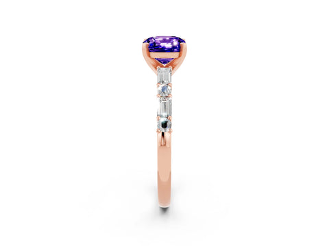Rose gold Cushion Cut Tanzanite Solitaire with Side Baguettes and Channel Set Band_2