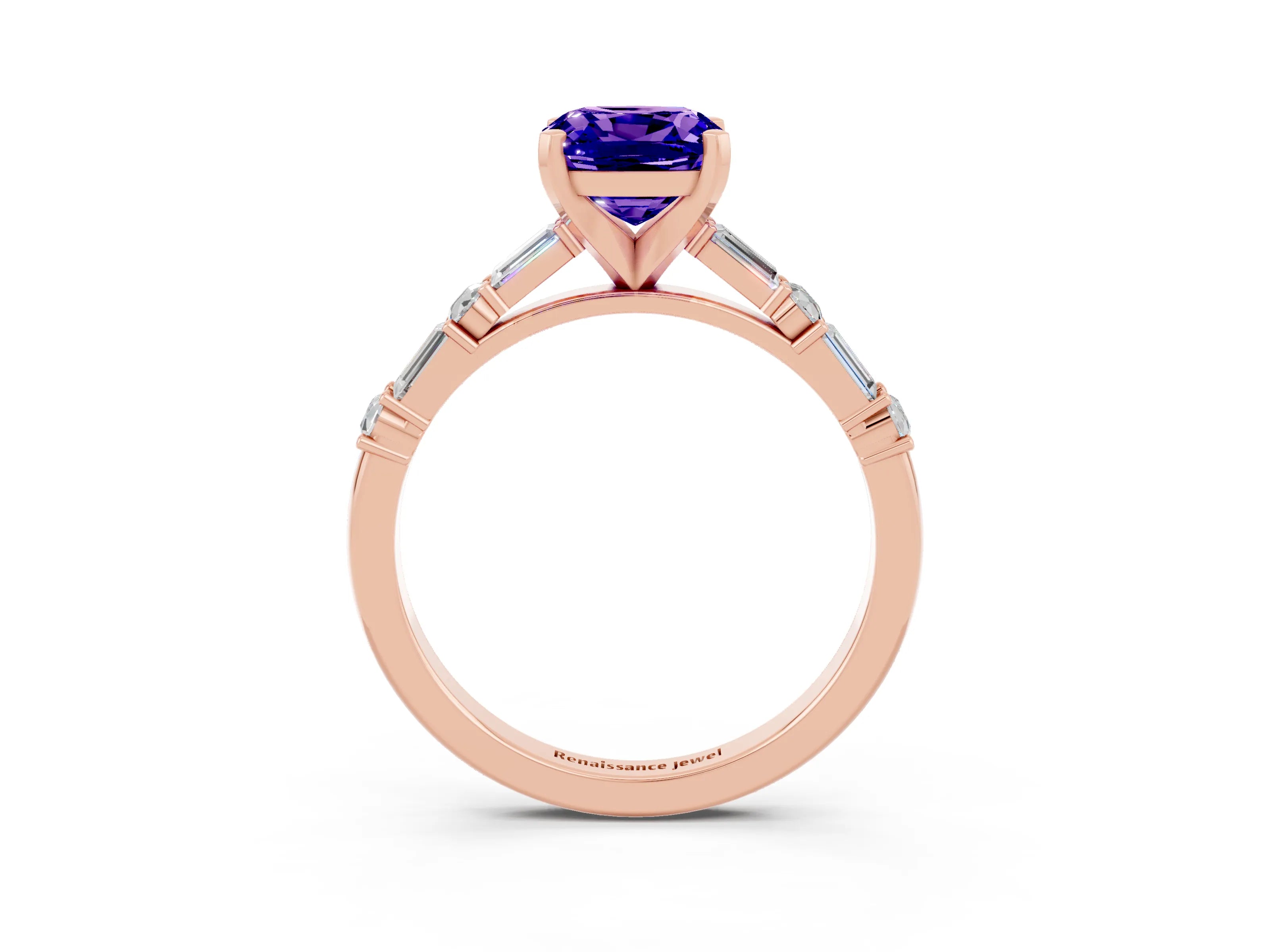 Rose gold Cushion Cut Tanzanite Solitaire with Side Baguettes and Channel Set Band_3