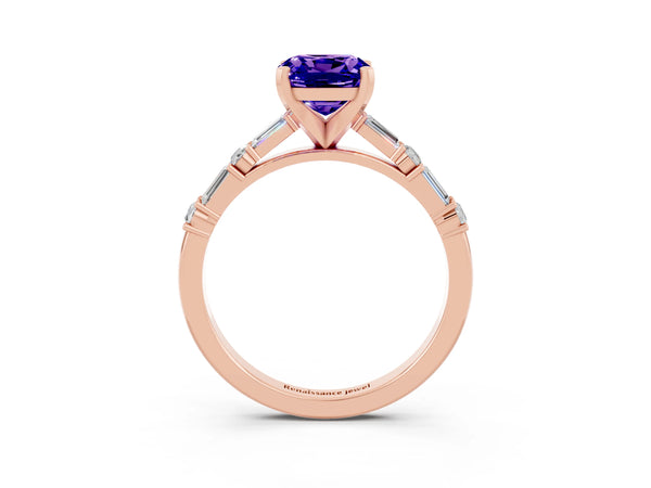 Rose gold Cushion Cut Tanzanite Solitaire with Side Baguettes and Channel Set Band