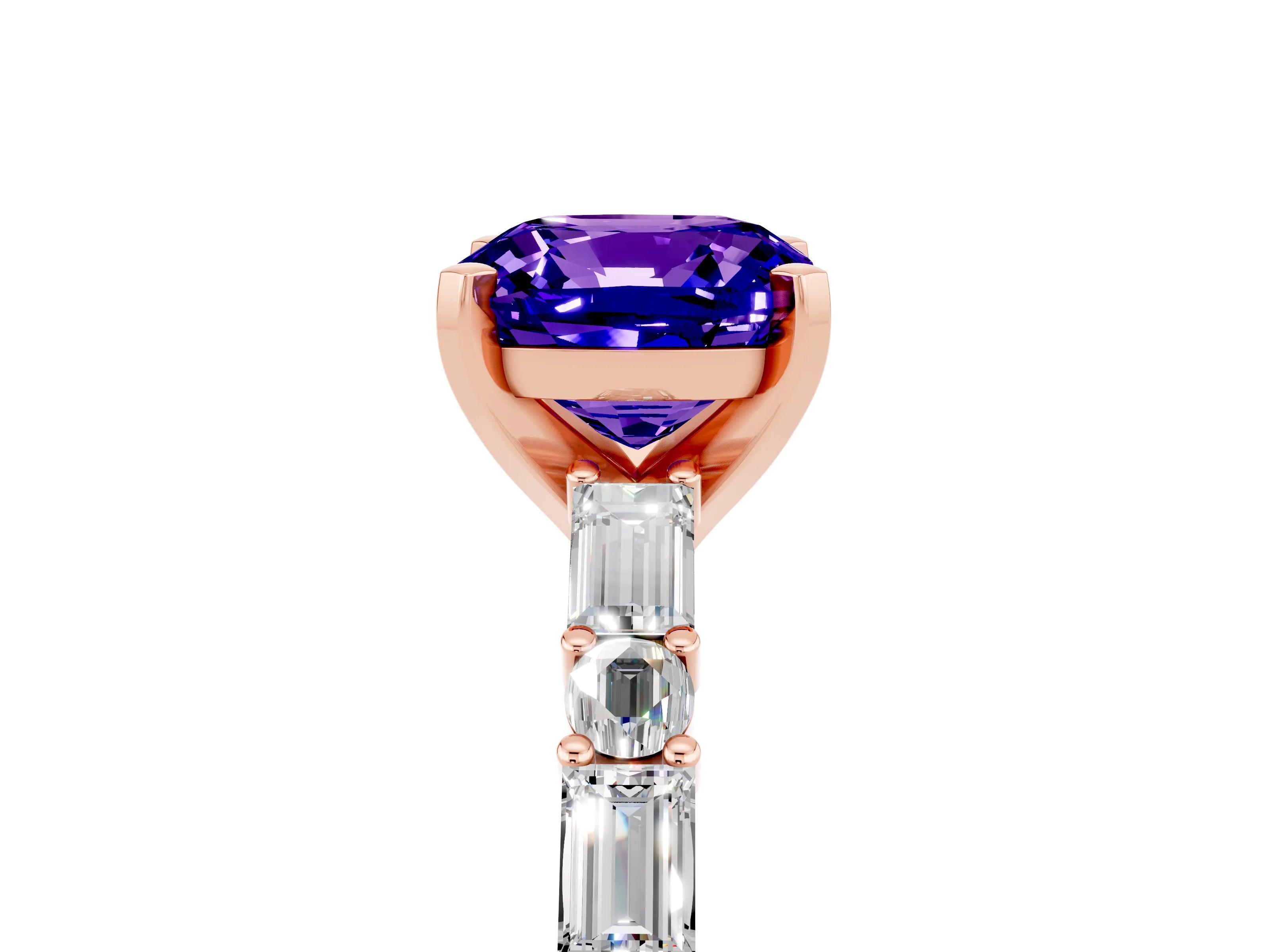 Rose gold Cushion Cut Tanzanite Solitaire with Side Baguettes and Channel Set Band_5