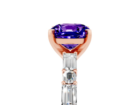 Rose gold Cushion Cut Tanzanite Solitaire with Side Baguettes and Channel Set Band_5