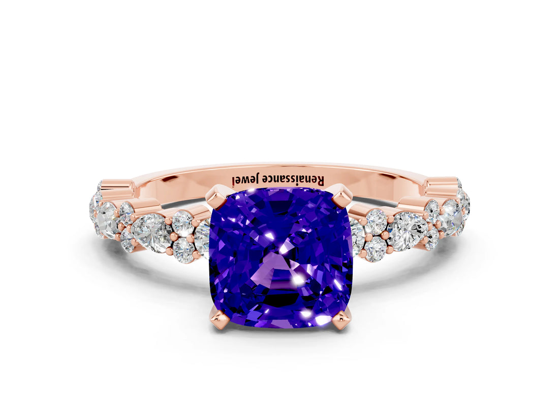 Rose gold Cushion Cut Tanzanite Solitaire with Side Stones, Pave Band, Four-Prong Setting_36