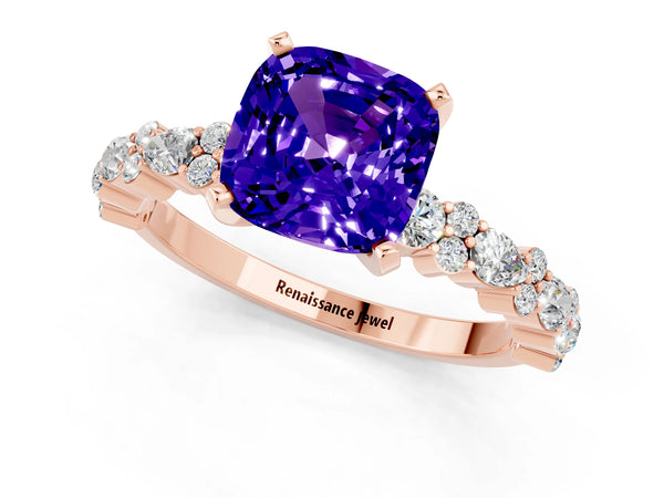 Rose gold Cushion Cut Tanzanite Side Stone Solitaire Ring with Round  and Four-Prong Setting