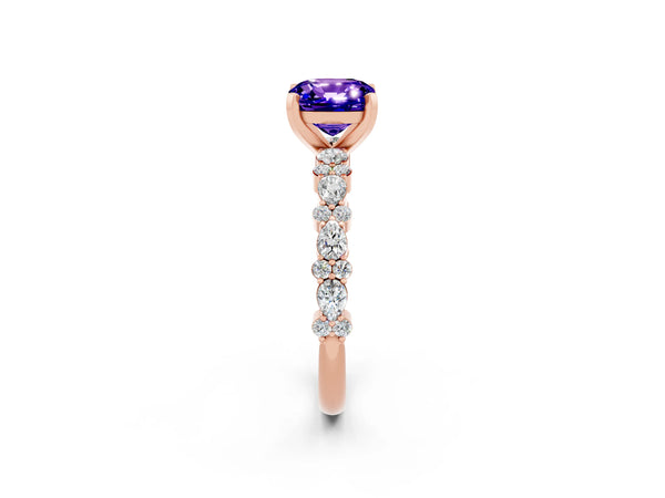 Rose gold Cushion Cut Tanzanite Side Stone Solitaire Ring with Round  and Four-Prong Setting