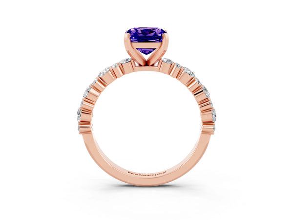 Rose gold Cushion Cut Tanzanite Side Stone Solitaire Ring with Round  and Four-Prong Setting