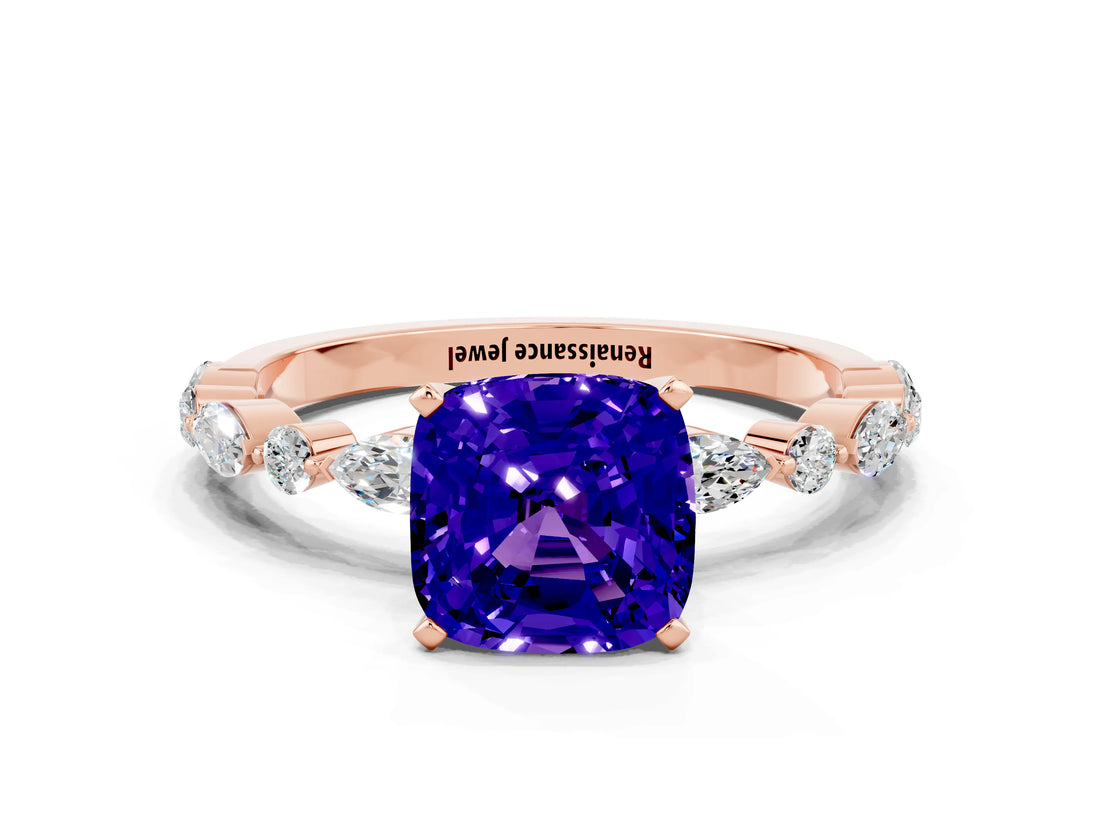 Rose gold Cushion Cut Tanzanite Solitaire with Side Stones on a Pavé Band and Four-Prong Setting