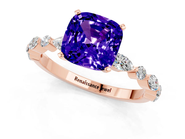 Rose gold Cushion Cut Tanzanite Ring with Marquise and Round  Side Stones and Four-Prong Setting