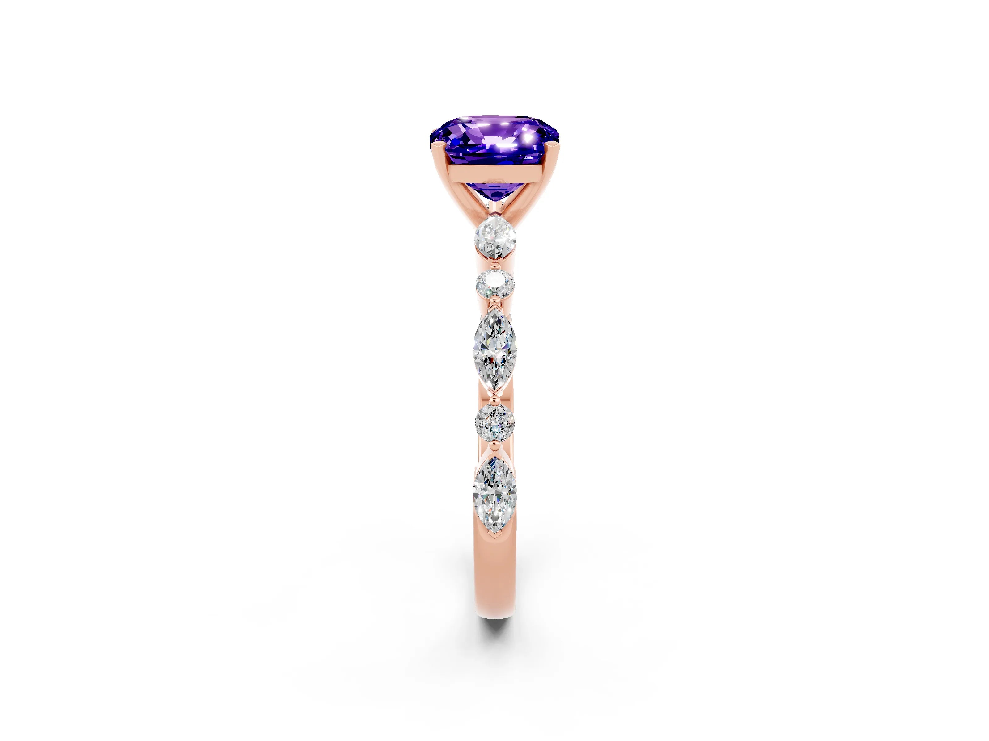 Rose gold Cushion Cut Tanzanite Solitaire with Side Stones on a Pavé Band and Four-Prong Setting_2