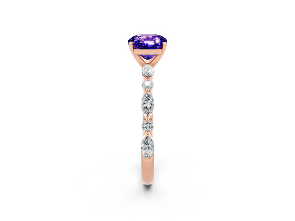 Rose gold Cushion Cut Tanzanite Ring with Marquise and Round  Side Stones and Four-Prong Setting