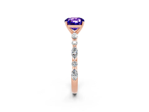 Rose gold Cushion Cut Tanzanite Solitaire with Side Stones on a Pavé Band and Four-Prong Setting_2