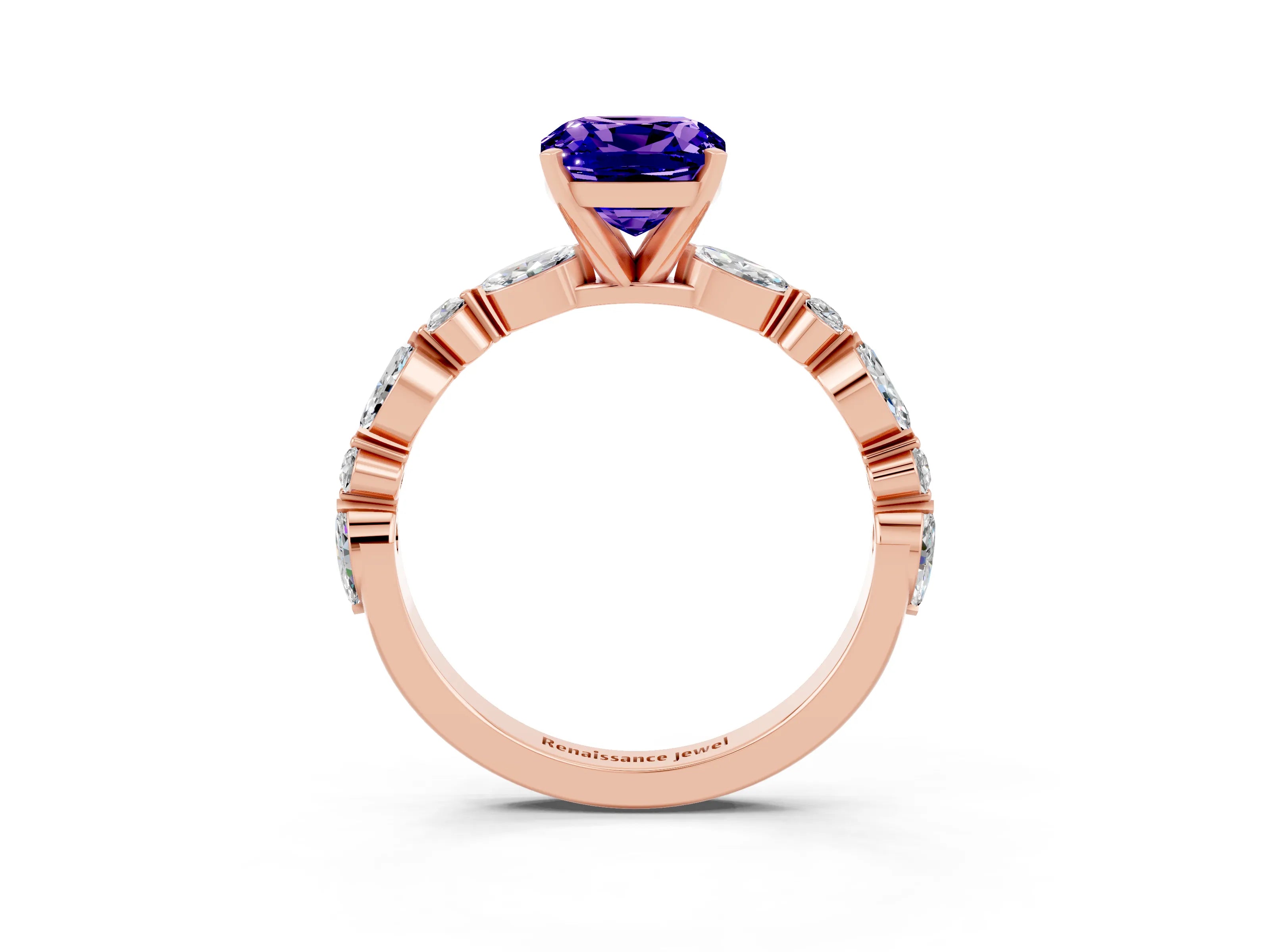 Rose gold Cushion Cut Tanzanite Solitaire with Side Stones on a Pavé Band and Four-Prong Setting_3