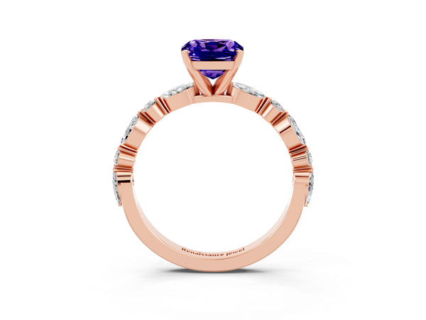 Rose gold Cushion Cut Tanzanite Ring with Marquise and Round  Side Stones and Four-Prong Setting
