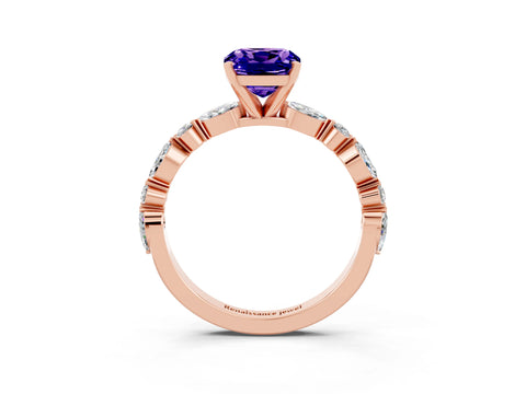 Rose gold Cushion Cut Tanzanite Solitaire with Side Stones on a Pavé Band and Four-Prong Setting_3