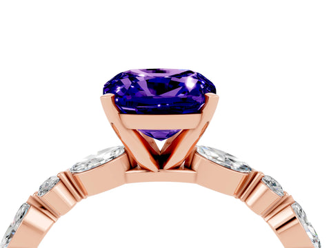 Rose gold Cushion Cut Tanzanite Solitaire with Side Stones on a Pavé Band and Four-Prong Setting_4