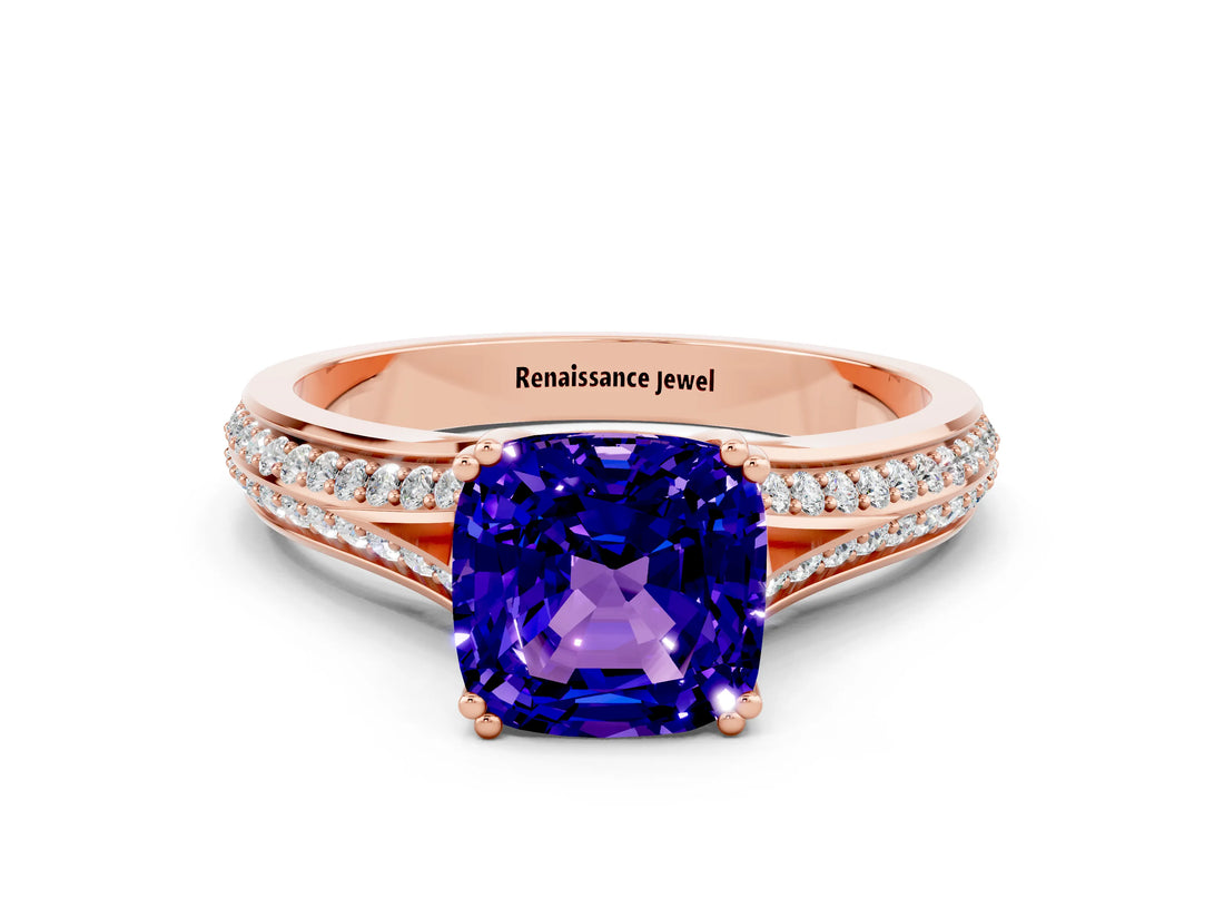 Rose gold Cushion Cut Tanzanite Split Shank Engagement Ring with Pavé Band