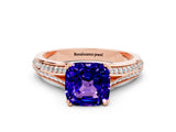 Rose gold Cushion Cut Tanzanite Split Shank Engagement Ring with Pavé Band