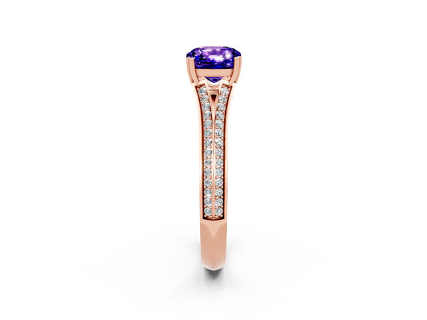Rose gold Cushion Cut Tanzanite Split Shank Engagement Ring with Pavé Band