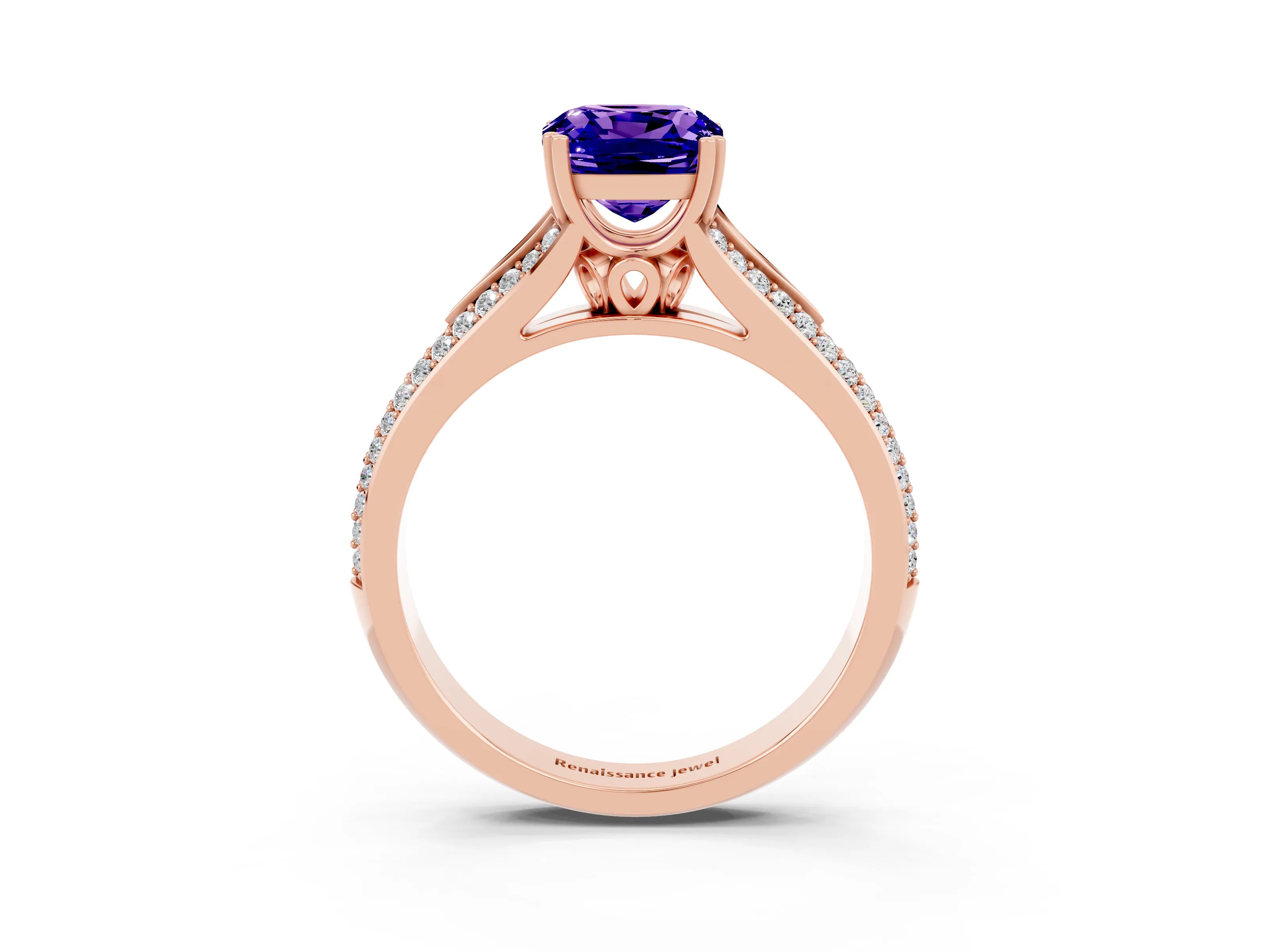 Rose gold Cushion Cut Tanzanite Split Shank Engagement Ring with Pavé Band_3