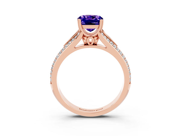 Rose gold Cushion Cut Tanzanite Split Shank Engagement Ring with Pavé Band