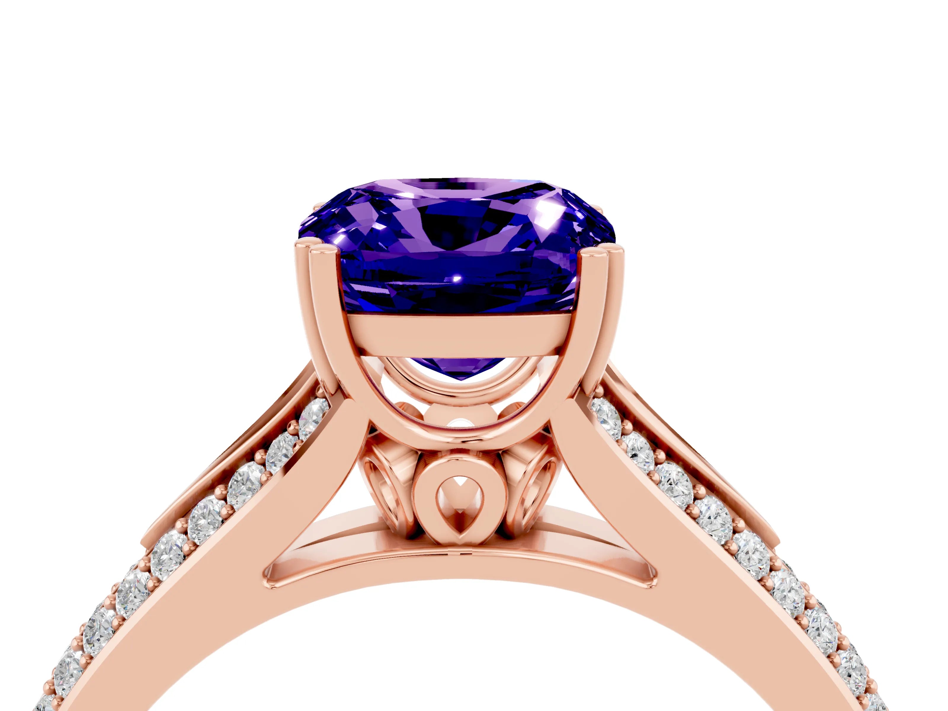 Rose gold Cushion Cut Tanzanite Split Shank Engagement Ring with Pavé Band_4