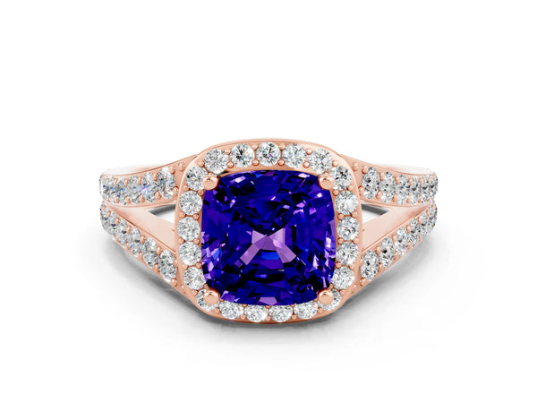 Rose gold Cushion Cut Tanzanite Split Shank Halo Ring with Four-Prong Setting