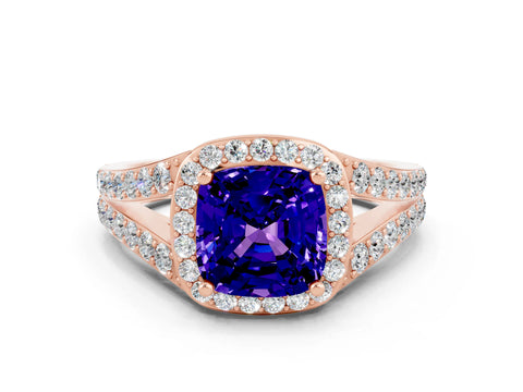 Rose gold Cushion Cut Tanzanite Split Shank Halo Ring with Four-Prong Setting_12